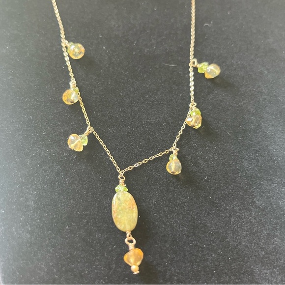 Handmade Necklace And Earring Set - Green & Yellow Glass - Gold Filled Chain - Picture 4 of 13